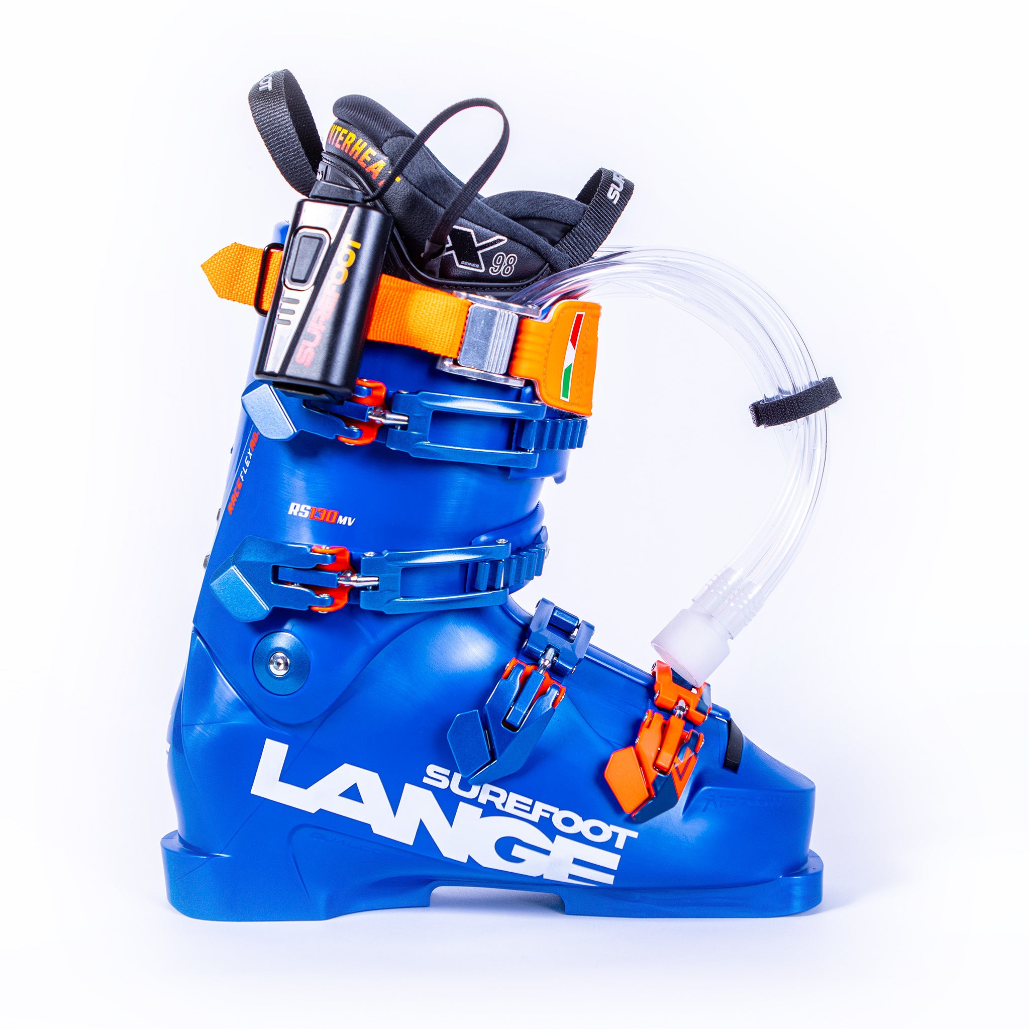 This race boot from Lange/Surefoot is all blue with some orange pops around the buckles