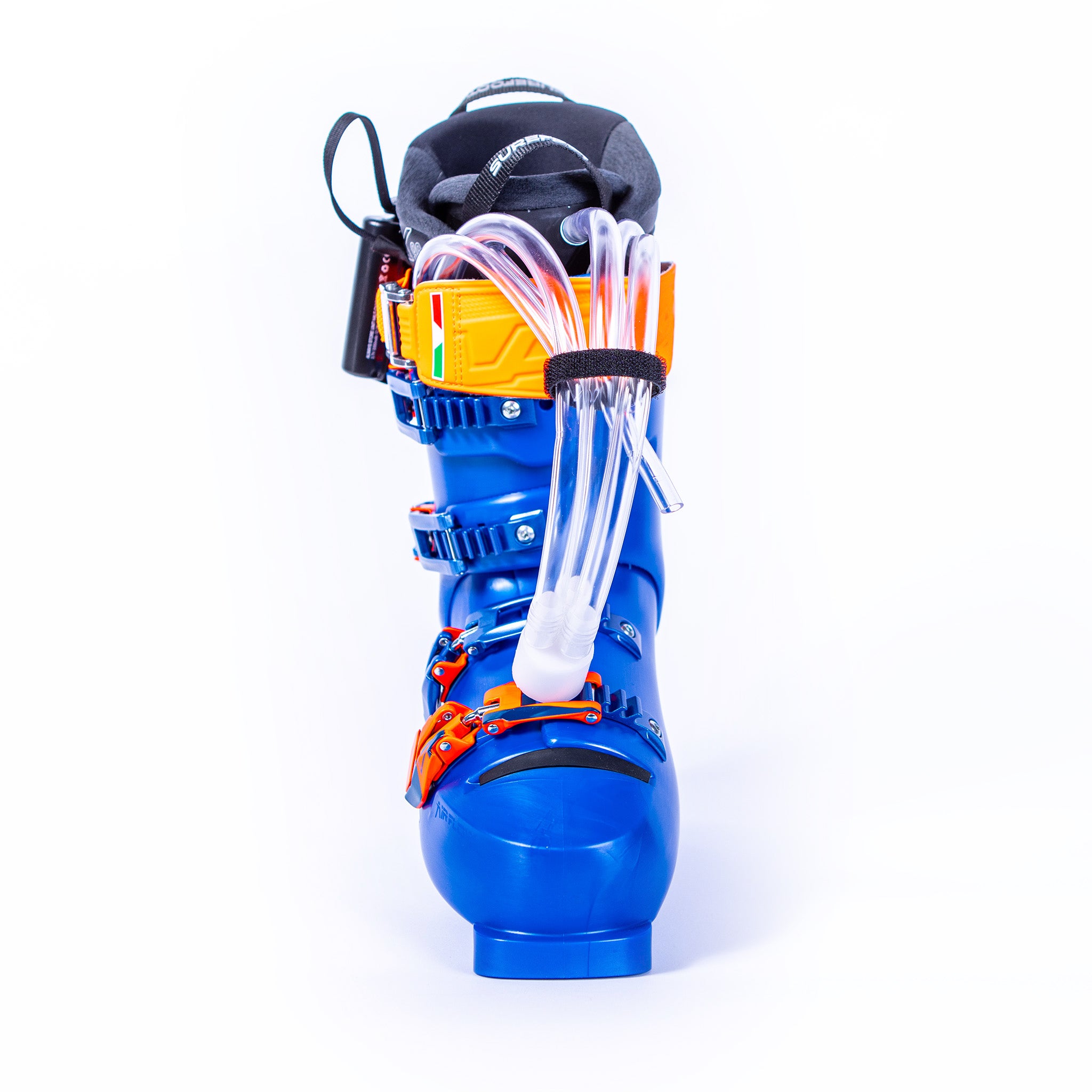 This ski boot has the custom liner current in it, hence the reason why tubes are coming out of the liner