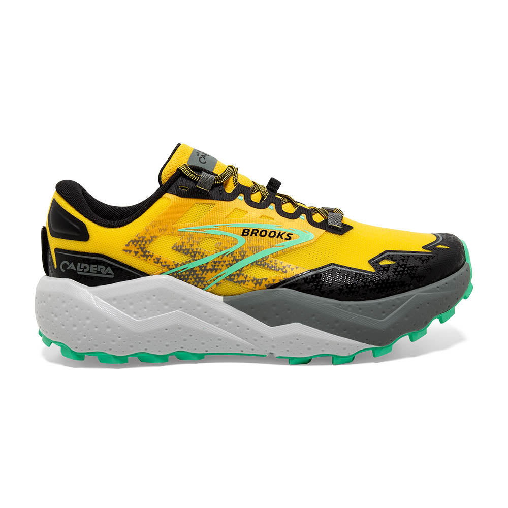 The Brooks Calderqa has a bright yellow upper with black material in areas that need more durability