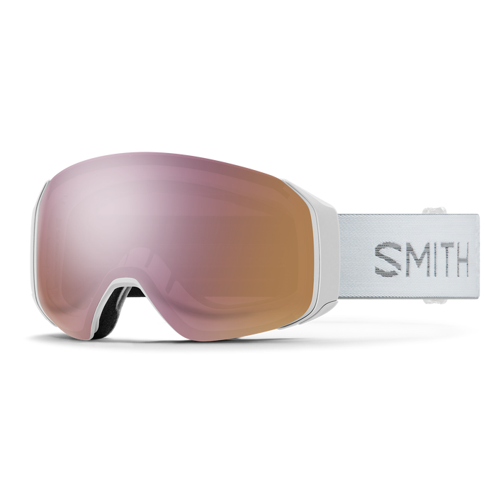 These Smith ski goggles have a rose colored lens and a white strap