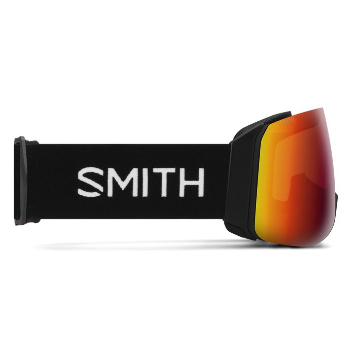 The strap of these ski goggles says Smith on the side