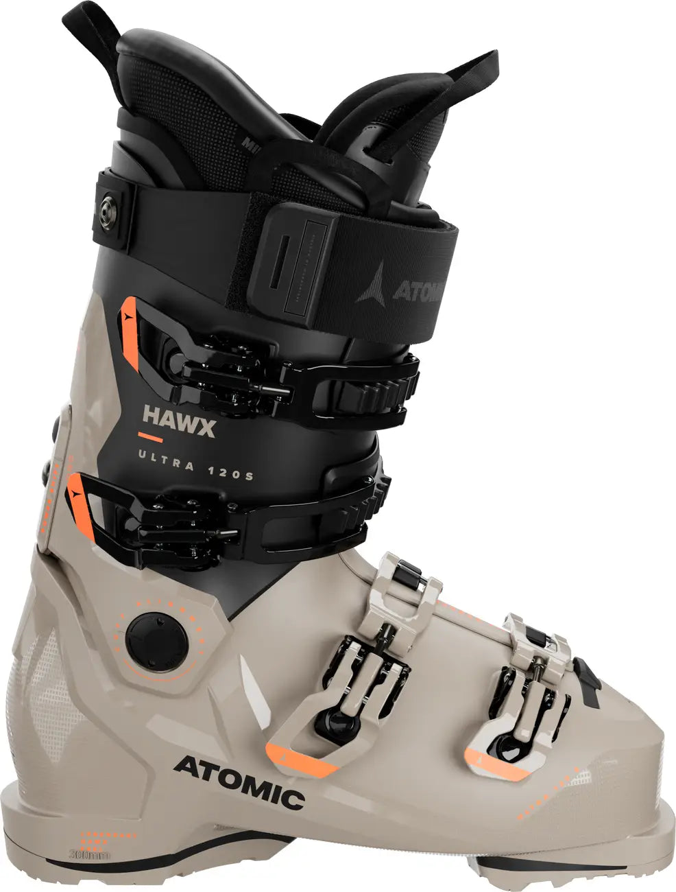 The Ultra 120 S is a narrow fitting, performance ski boot from Atomic.  It has a black upper, and a grey lower with same color buckles