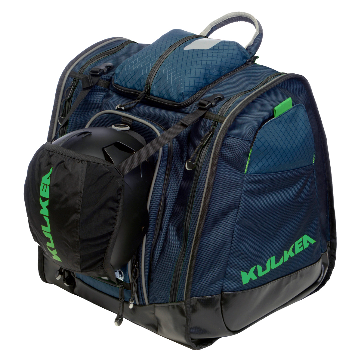 Kulkea boot bag in blue with green accents, tons of compartments, 2 side compartments to fit your ski boots and enough room for most if not all of your ski gear including helmet.