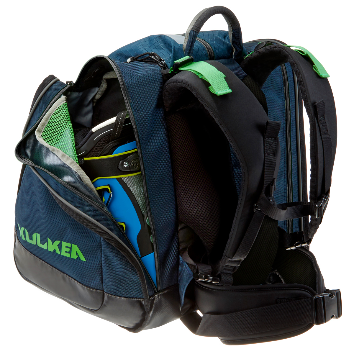 Kulkea boot bag in blue with green accents, tons of compartments, 2 side compartments to fit your ski boots and enough room for most if not all of your ski gear including helmet.