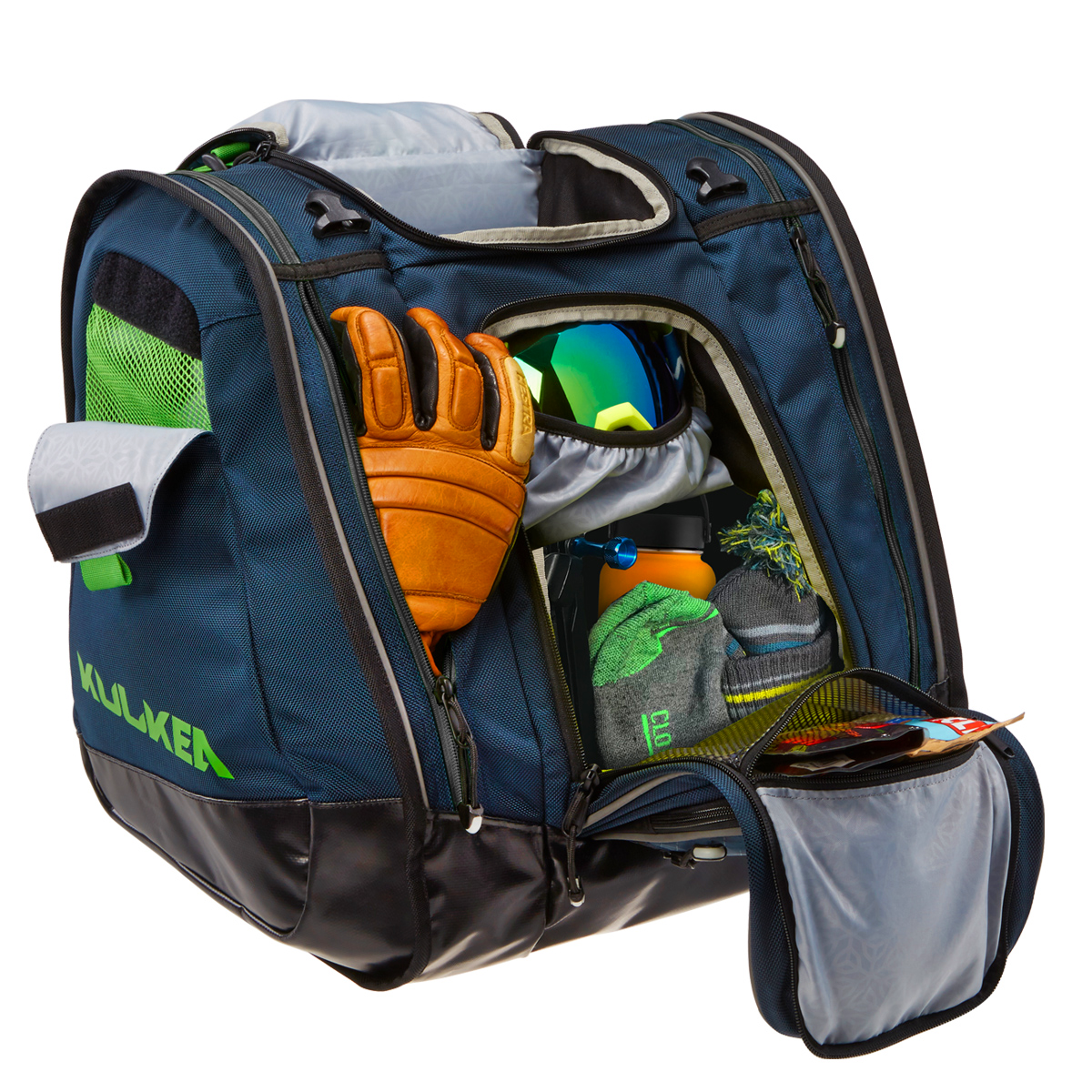 Kulkea boot bag in blue with green accents, tons of compartments, 2 side compartments to fit your ski boots and enough room for most if not all of your ski gear including helmet.