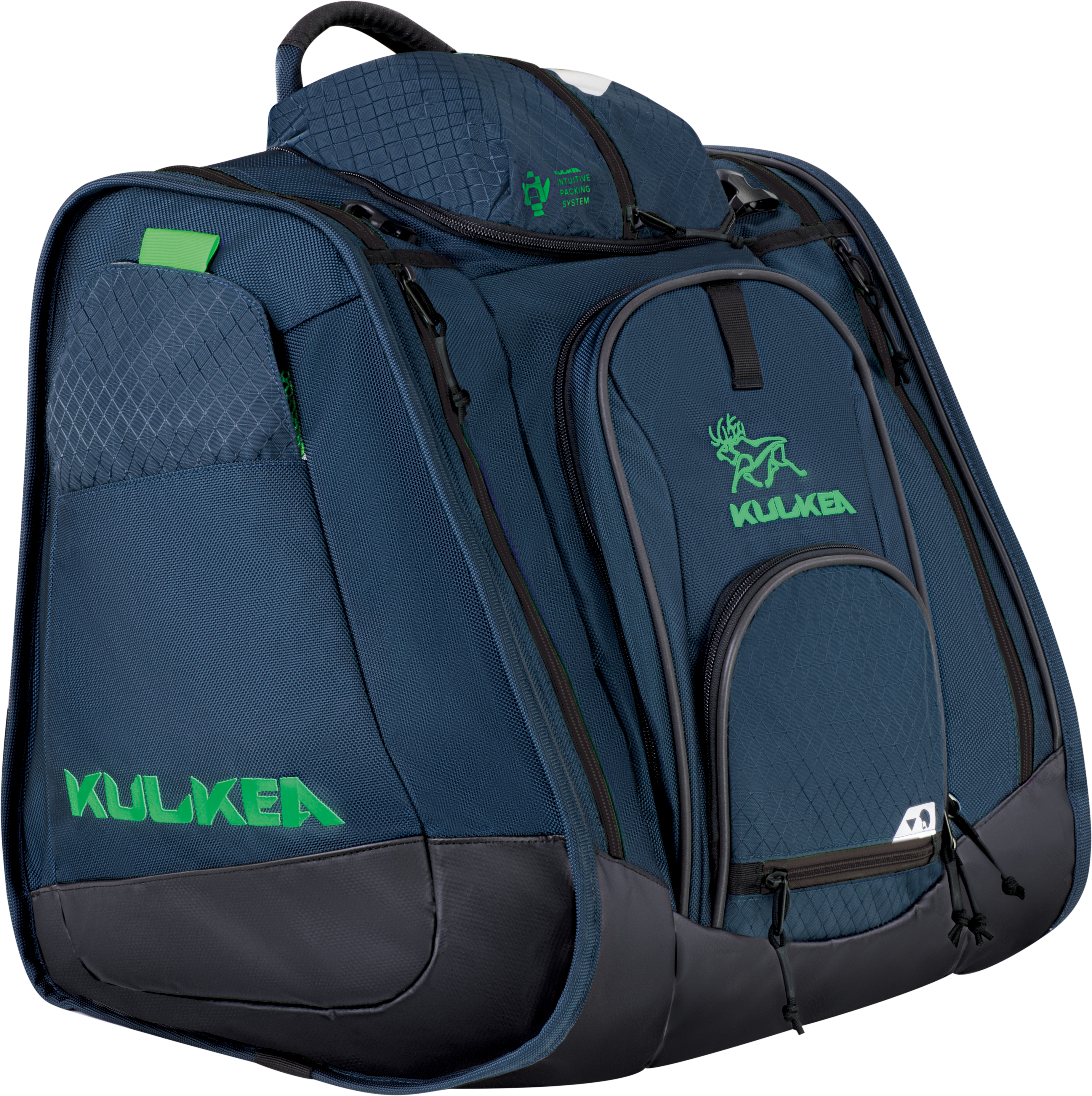 Kulkea boot bag in blue with green accents, tons of compartments, 2 side compartments to fit your ski boots and enough room for most if not all of your ski gear including helmet.