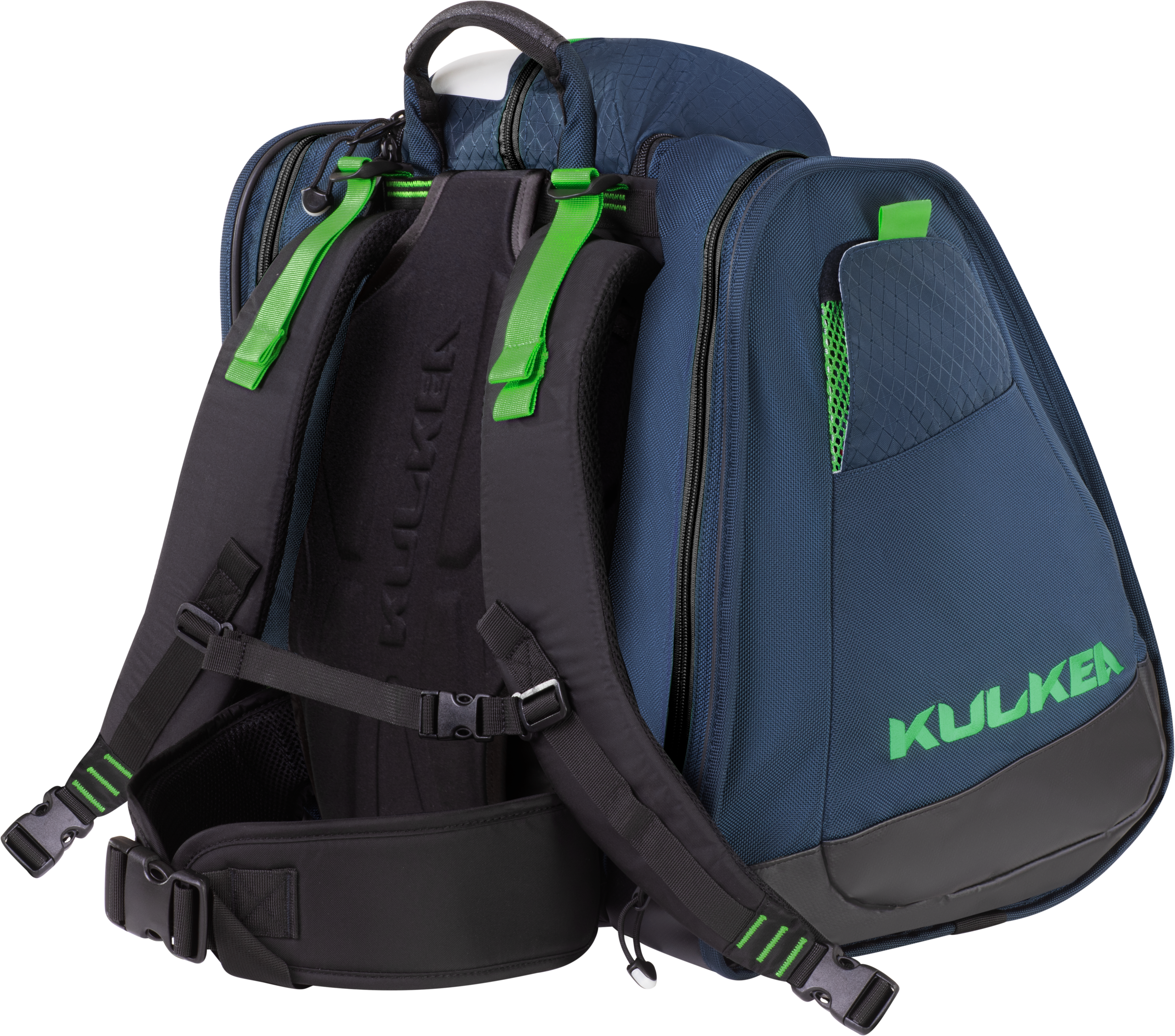 Kulkea boot bag in blue with green accents, tons of compartments, 2 side compartments to fit your ski boots and enough room for most if not all of your ski gear including helmet.