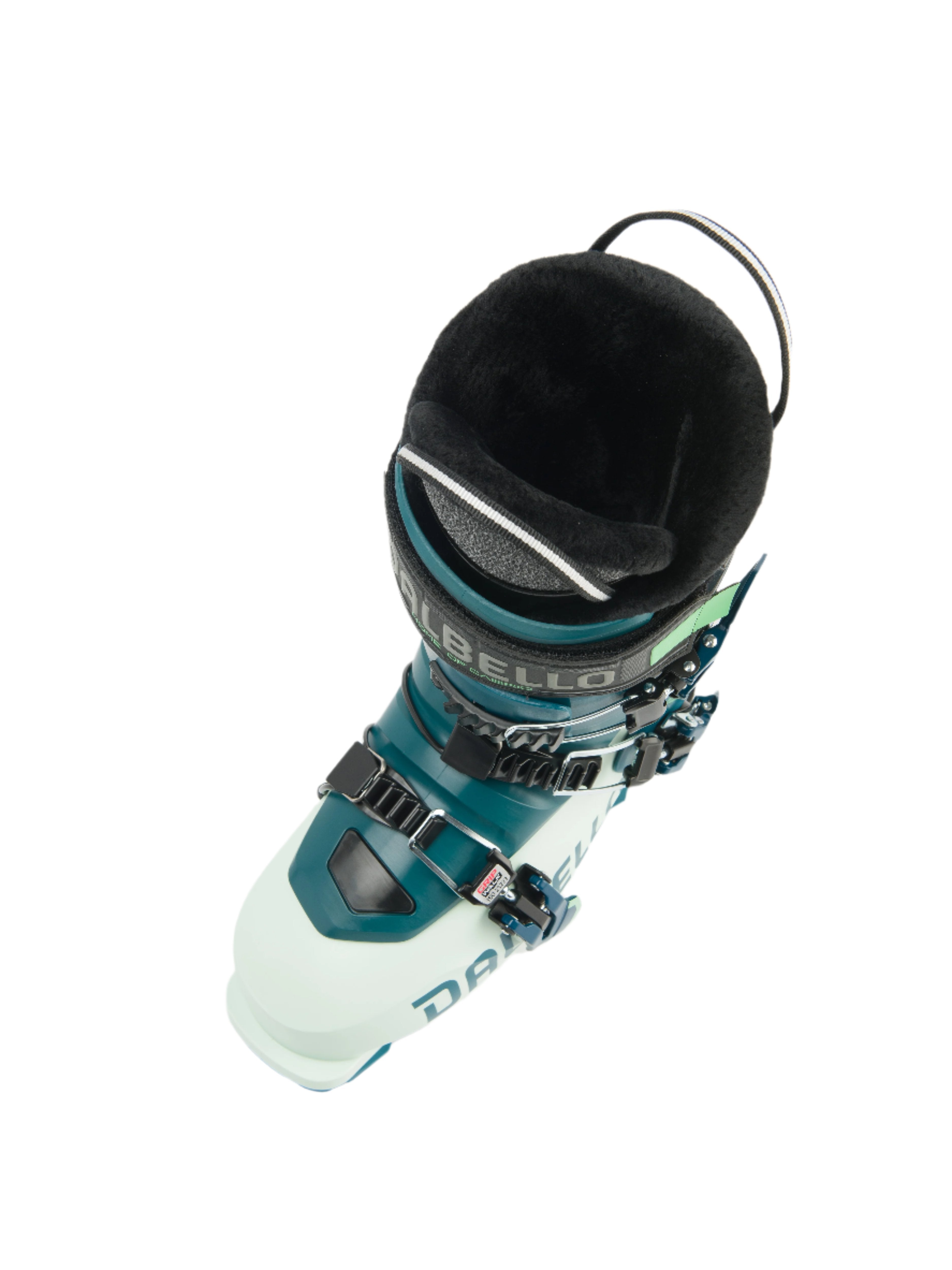 Another angle of The Cabrio MV 95 W IF ski boot. It is a three piece shell construction. It is a teal dark blue and light blue, with three buckles and a power strap.