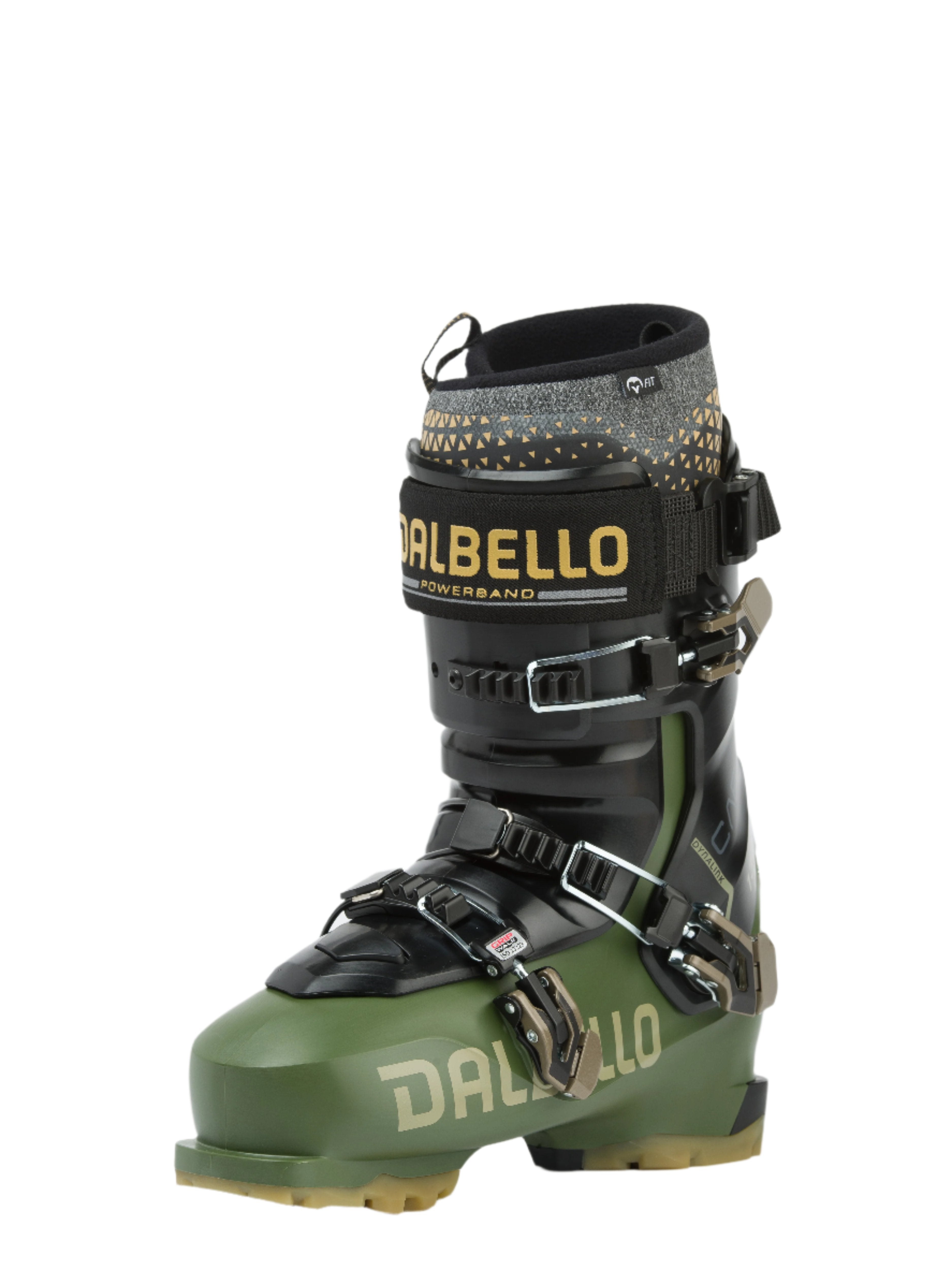 The Cabrio LV 130 3DWRAP ski boot is a three piece construction shell. It is green and black with three buckles and a powerstrap.