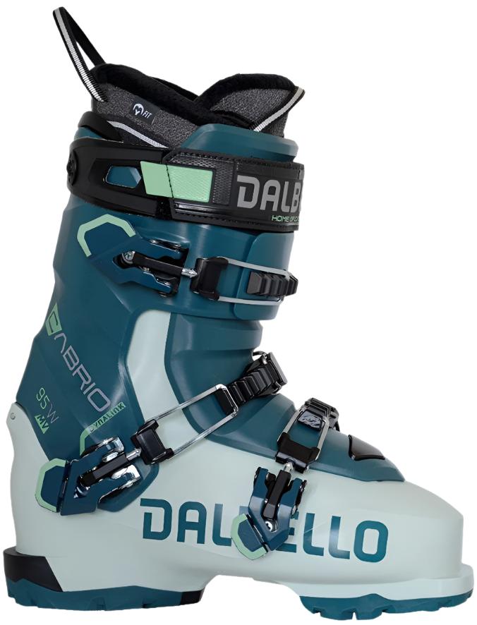 The Cabrio MV 95 W IF ski boot is a three piece shell construction. It is a teal dark blue and light blue, with three buckles and a power strap.