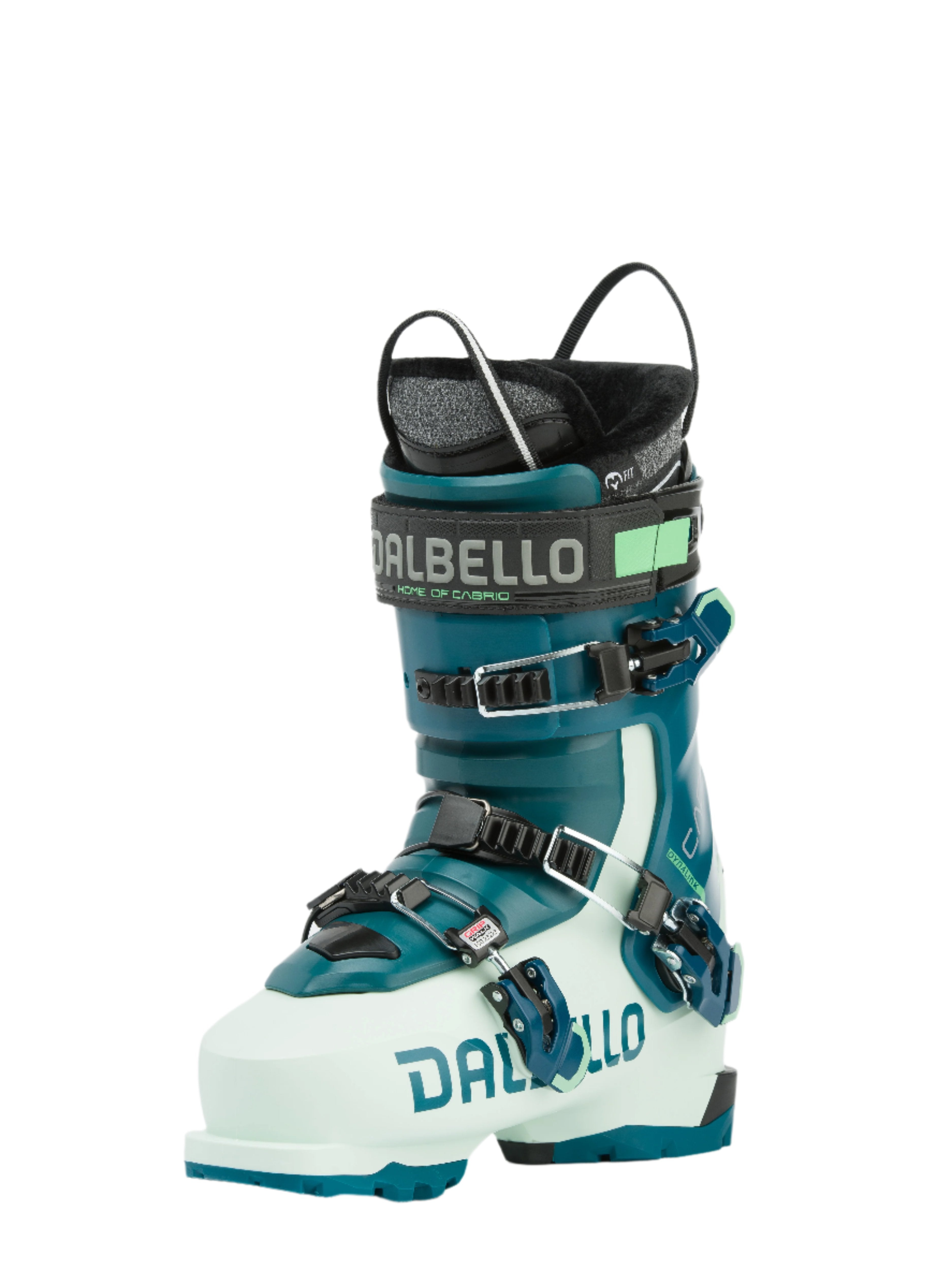 The Cabrio MV 95 W IF ski boot is a three piece shell construction. It is a teal dark blue and light blue, with three buckles and a power strap.