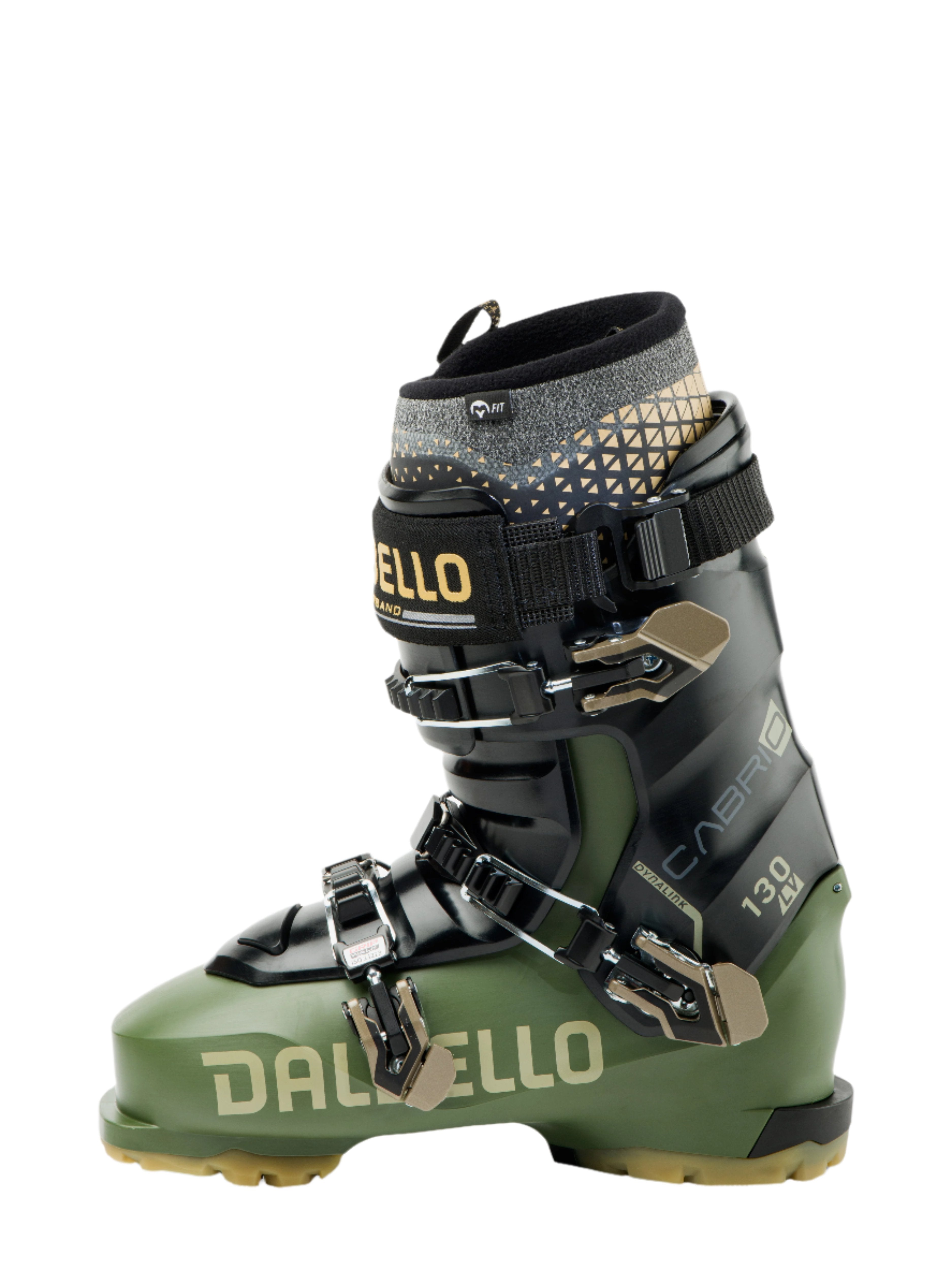 The Cabrio LV 130 3DWRAP ski boot is a three piece construction shell. It is green and black with three buckles and a powerstrap.