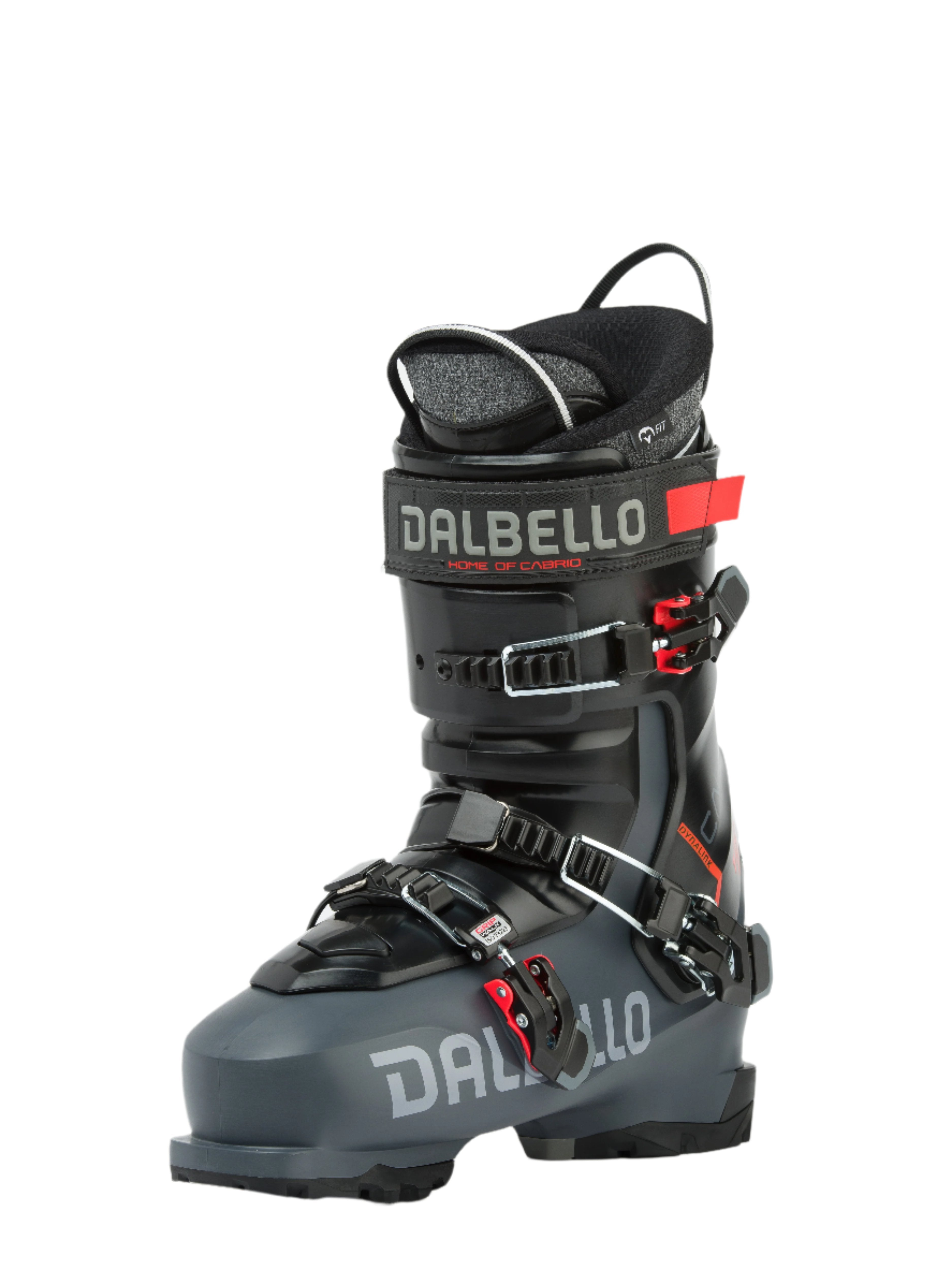 The Dalbello Cabrio MV 120 IF Ski Boot is a three piece shell boot, that is black. It has three buckles with bright red highlights on the boot.