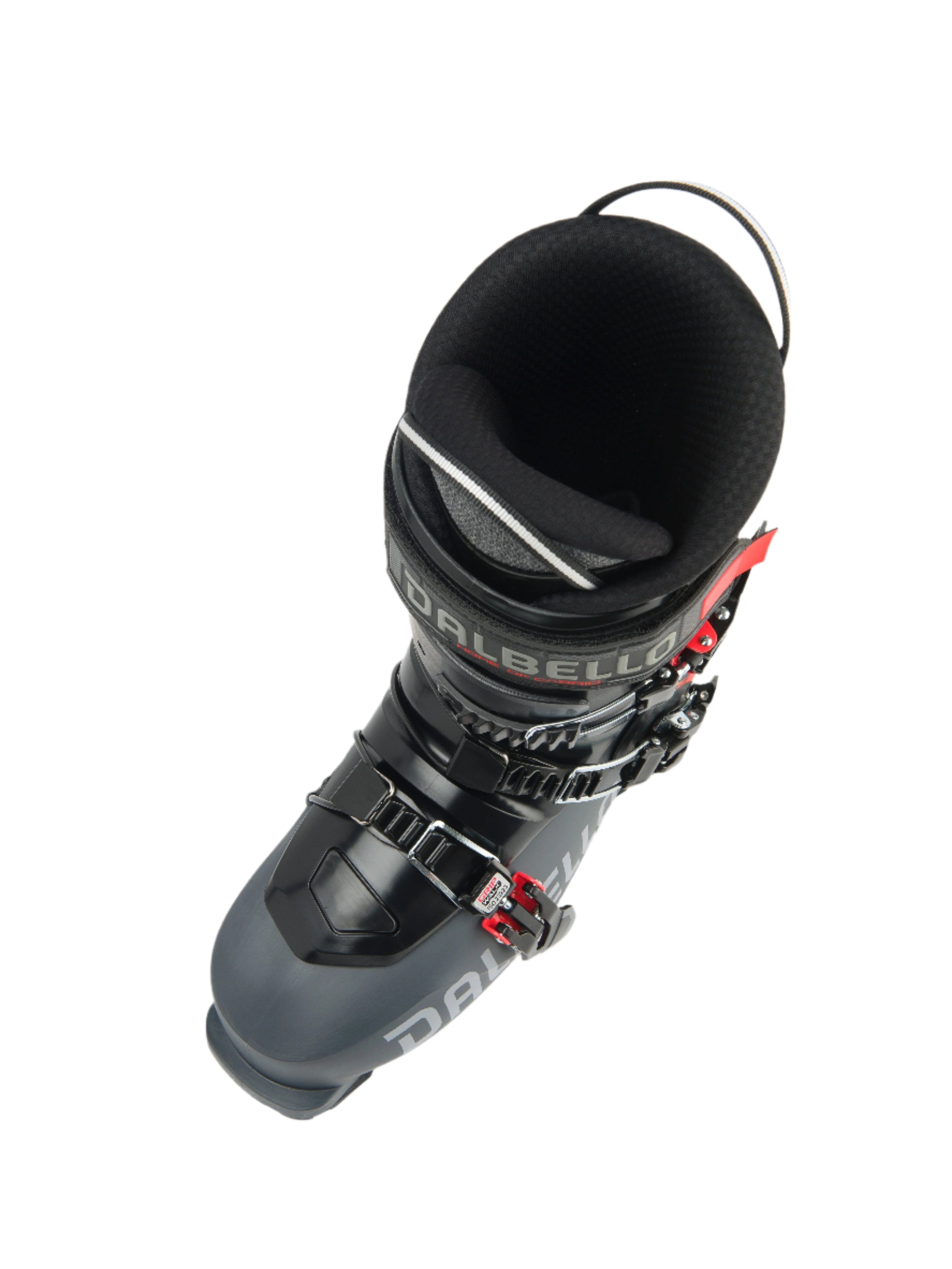 The Dalbello Cabrio MV 120 IF Ski Boot is a three piece shell boot, that is black. It has three buckles with bright red highlights on the boot.