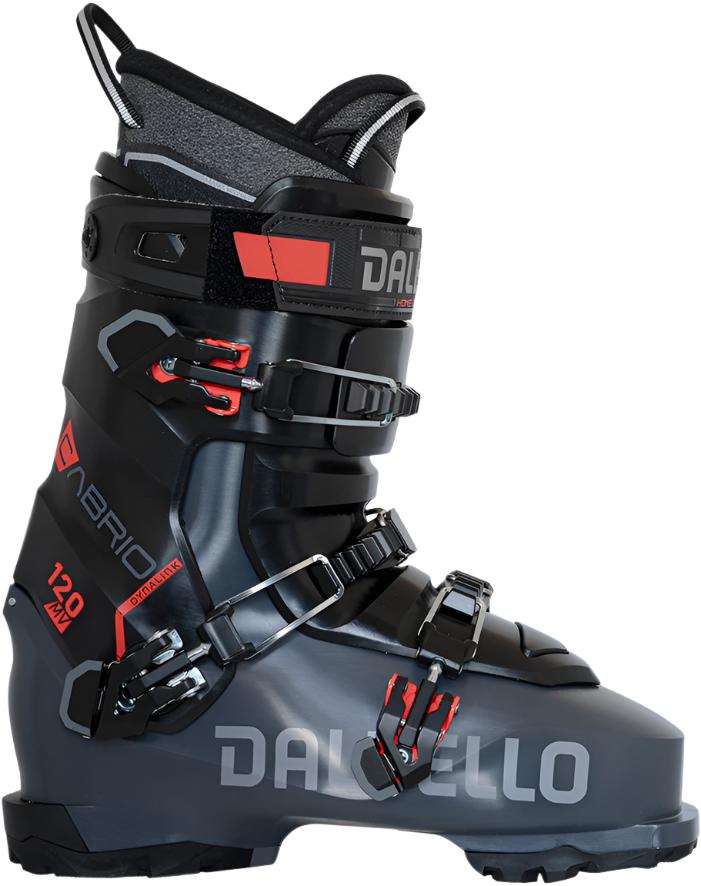 The Dalbello Cabrio MV IF Ski Boot is a black ski boot with bright red highlights. It has a three piece shell with a power strap.