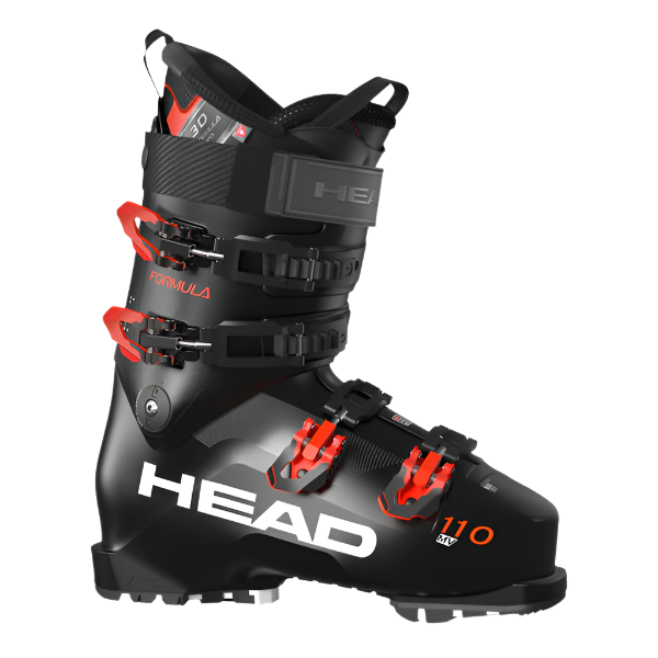 The Formula 110 MV ski boot is black with black and red accented buckles. there are four buckles and a black power strap.