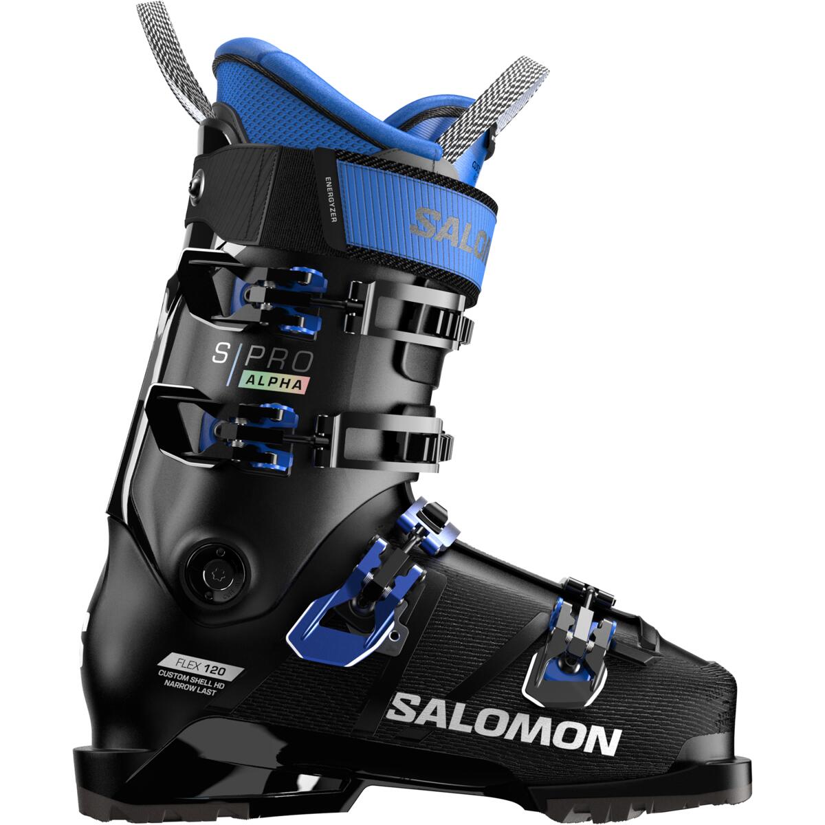 The S/Pro Alpha 20 from Salomin is almost all black except for some blue pops on the buckles powerstrap and also on the liner