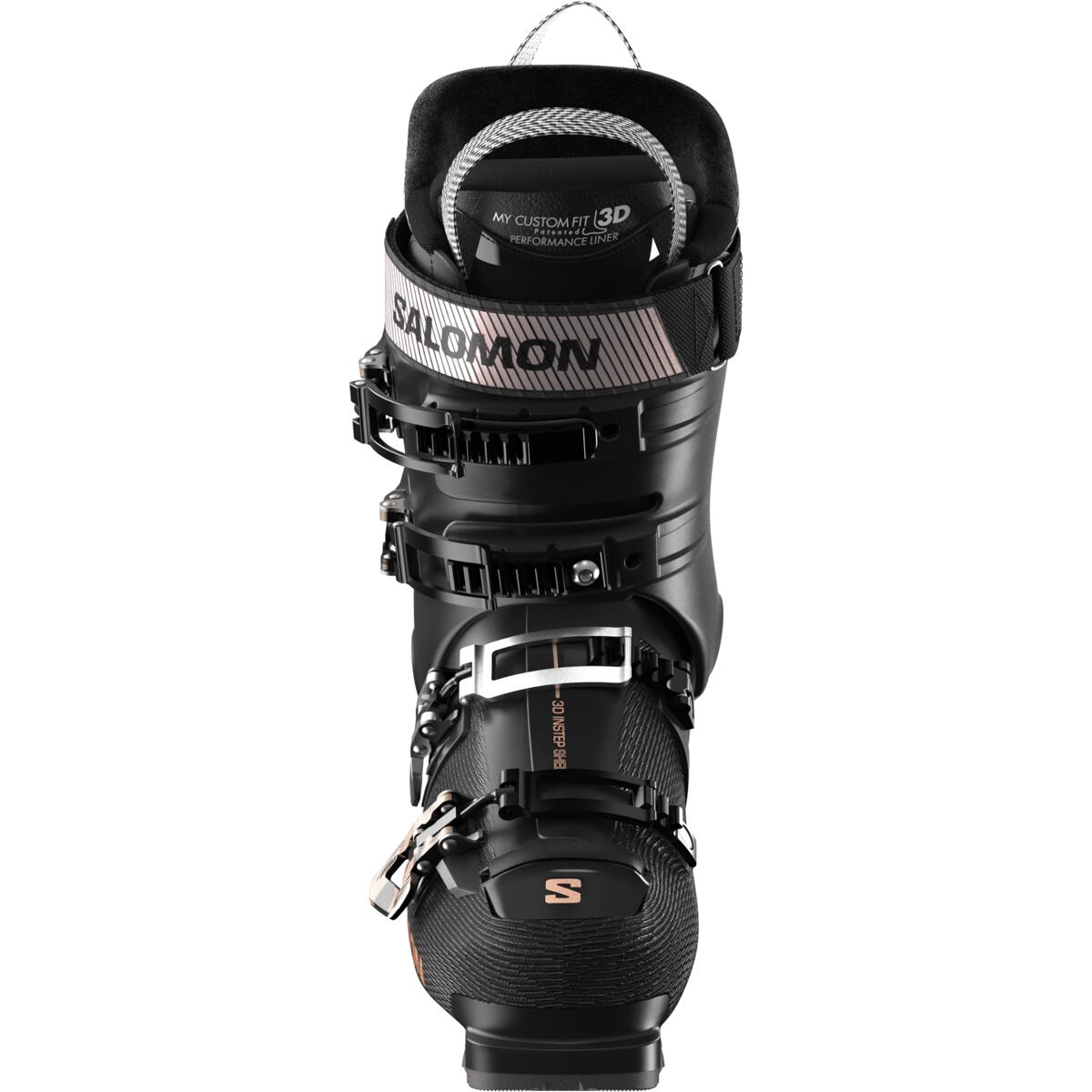 The front view of this ski boot is allblack with a silver buckle over the instep