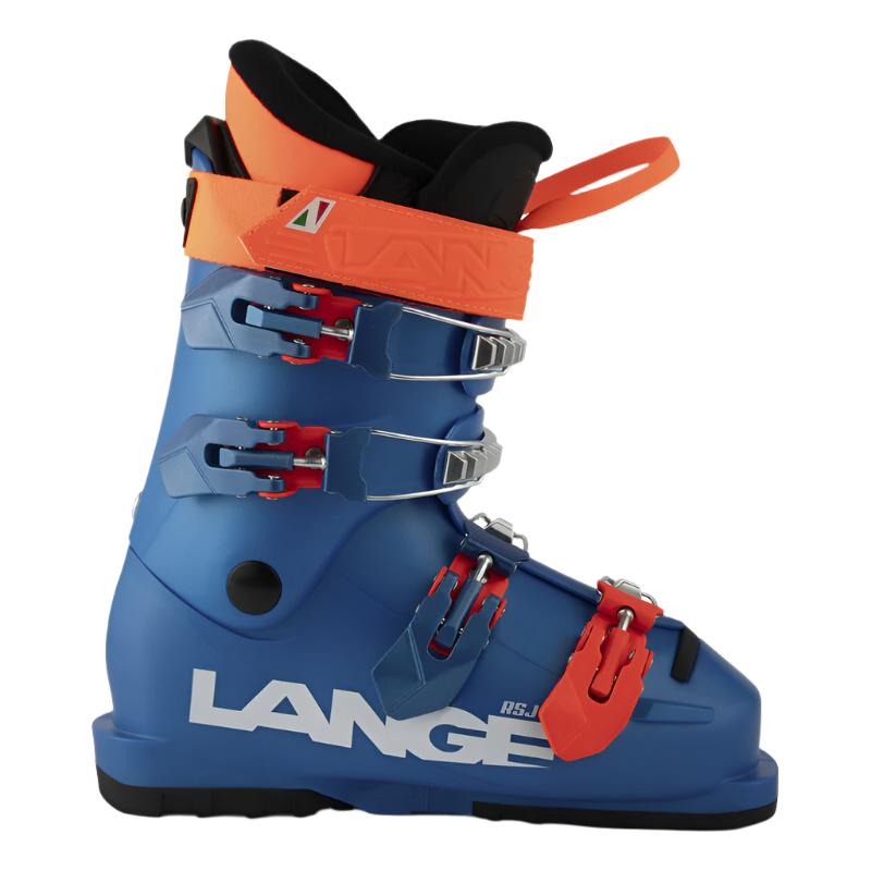 The power strap and the toe buckle of this Lange Kid's ski boot is Red