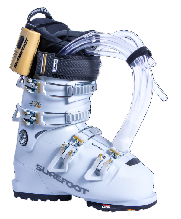 The LX 95 W HV Ski Boot Shell is white. It has four white buckles with gold accents. There is a power strap with a gold ski boo theater attached to it.