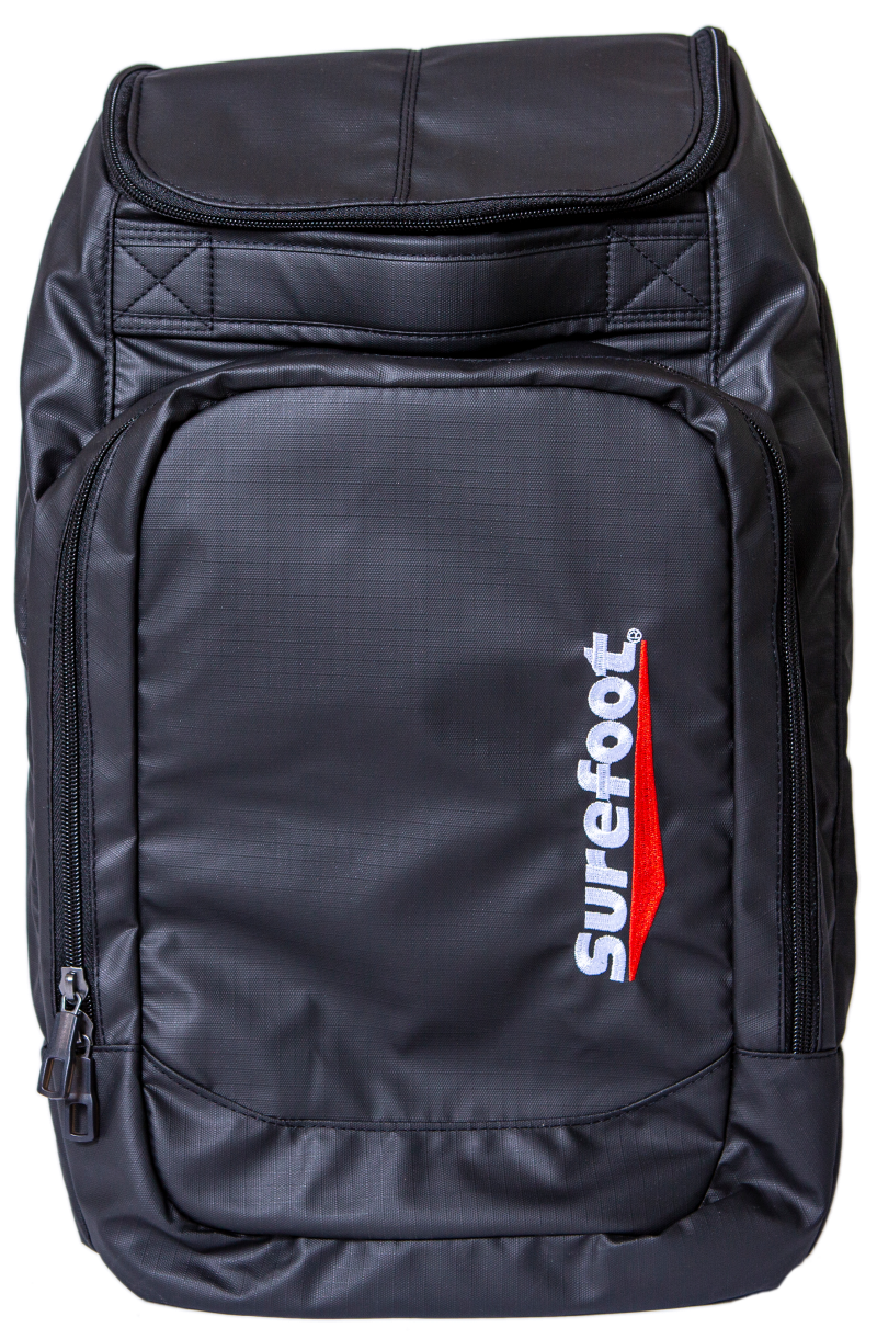 This ski boot bag has a large Surefoot logo written vertically on the right side in their red and white colorway