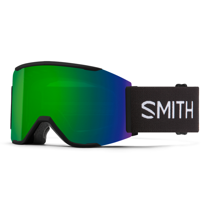 This Smith goggle has a black strap and green lens